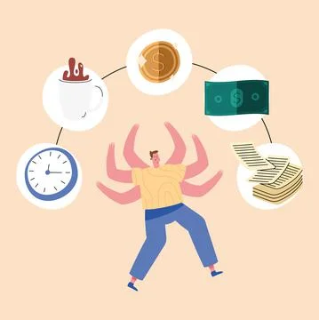 Multitask man with icons Illustrazione stock