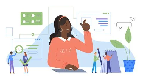 Multitask technology for work of employee, woman working with interactive イラスト素材