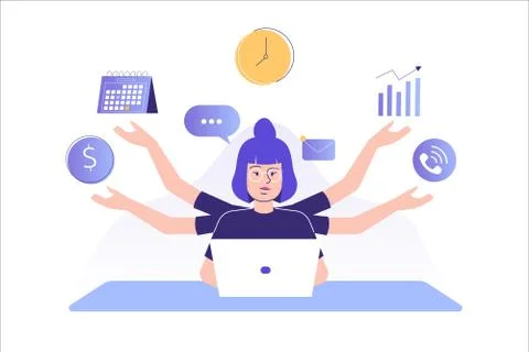 Multitasking and time management concept. Young freelancer woman or business  Stock Illustration