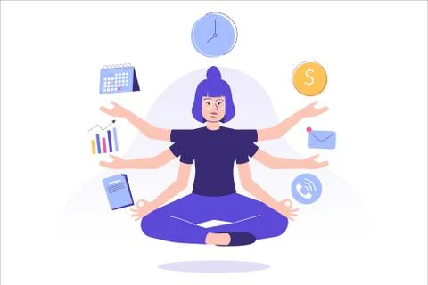 Multitasking and time management concept. Young freelancer woman or business  Stock Illustration