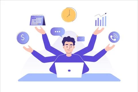 Multitasking and time management concept. Young freelancer man or business ma Illustrazione stock