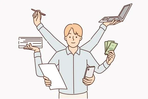 Multitasking businessman with many hands doing several things at same time Stockillustratie