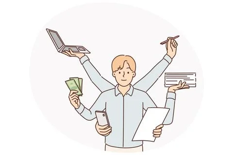 Multitasking businessman with many hands doing several things at same time Stockillustratie