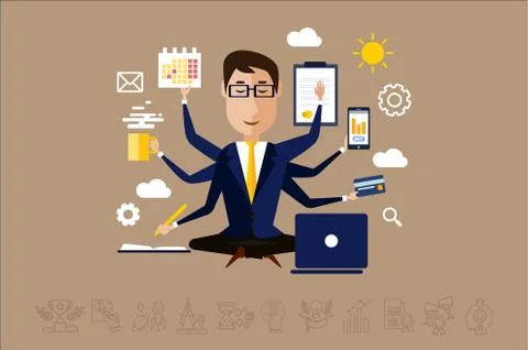 Multitasking businessman with many hands, time management concept vector イラスト素材