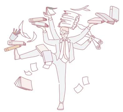 A Multitasking Businessman Skillfully Balancing Papers and Various Tasks at Work Stock Illustration