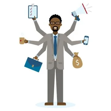 Multitasking businessman standing on white. イラスト素材