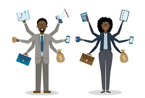 Multitasking businessman standing on white. イラスト素材