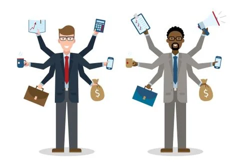 Multitasking businessmen on white. Stockillustratie