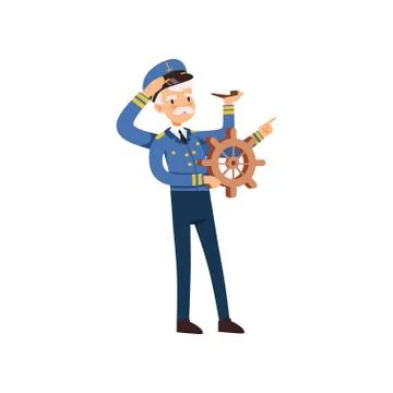 Multitasking captain character behind the wheel, sailor in blue uniform with Stock Illustration