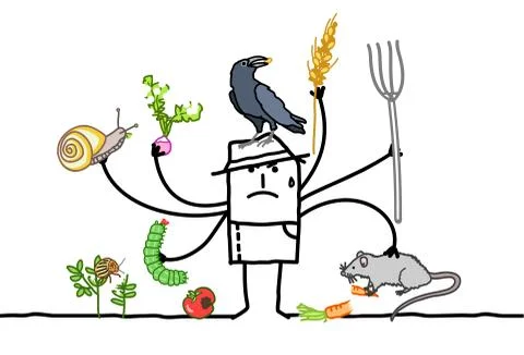 Multitasking cartoon farmer, angry because of animals eating his plants Stock Illustration