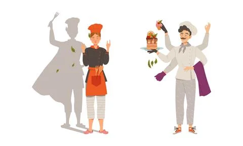 Multitasking chef and assistant cooking dishes of haute cuisine. Restaurant Stockillustratie