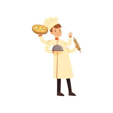 Multitasking chef cook character, young man with many hands holding cloche イラスト素材