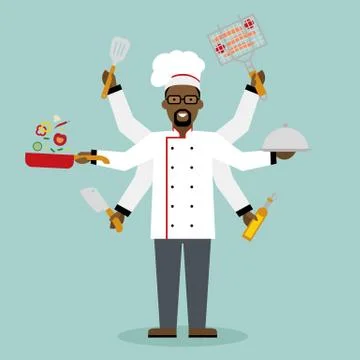 Multitasking chef with six hands. Illustrazione stock