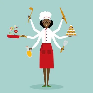 Multitasking chef with six hands. Stock Illustration