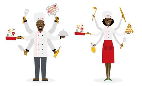 Multitasking chef with six hands. Illustrazione stock