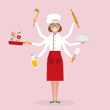 Multitasking chef with six hands. Stock Illustration