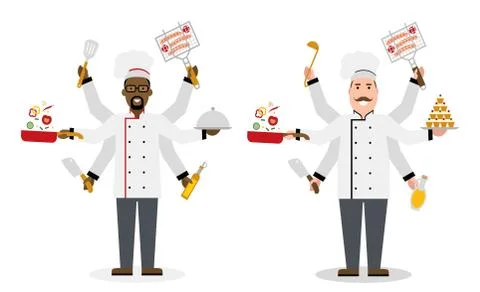 Multitasking chefs with six hands. 스톡 일러스트
