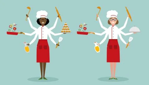 Multitasking chefs with six hands. 스톡 일러스트