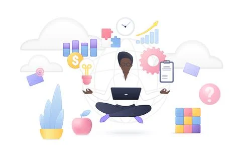 Multitasking Cloud Productivity Woman Working Online Stock Illustration