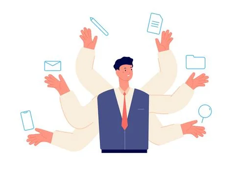 Multitasking concept. Employment self, multitask productivity. Programmer or Illustrazione stock