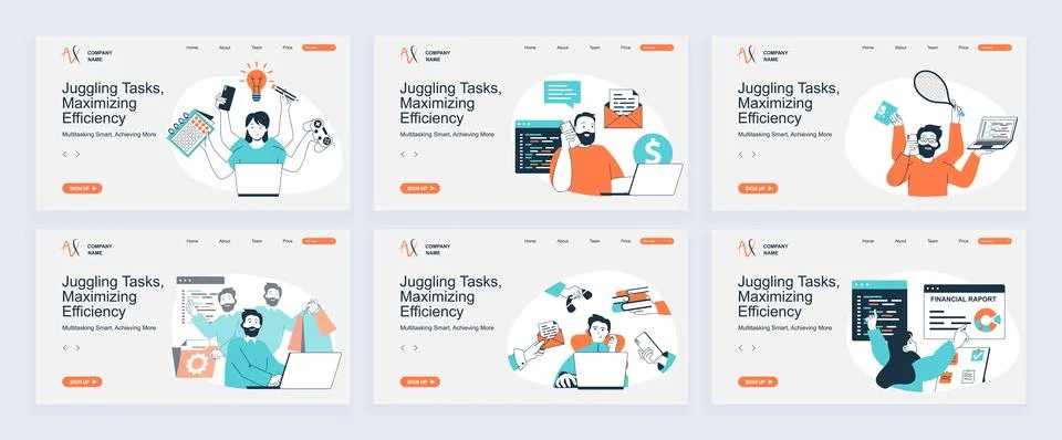 Multitasking concept of landing page with slide templates set in flat design. Stockillustratie