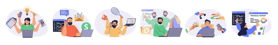 Multitasking concept set with characters in flat design for web. People brain Stockillustratie