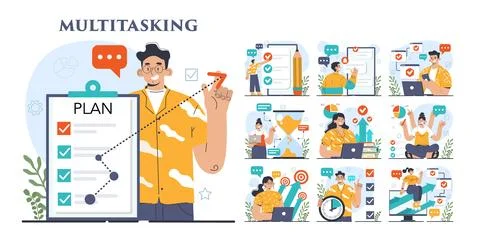 Multitasking concept set. Effective and competent office worker managing Stockillustratie