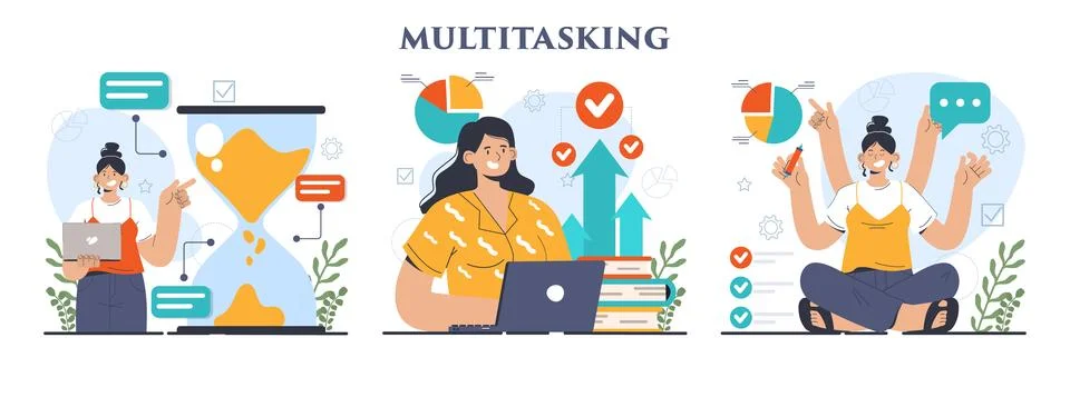 Multitasking concept set. Effective and competent office worker managing Stock Illustration