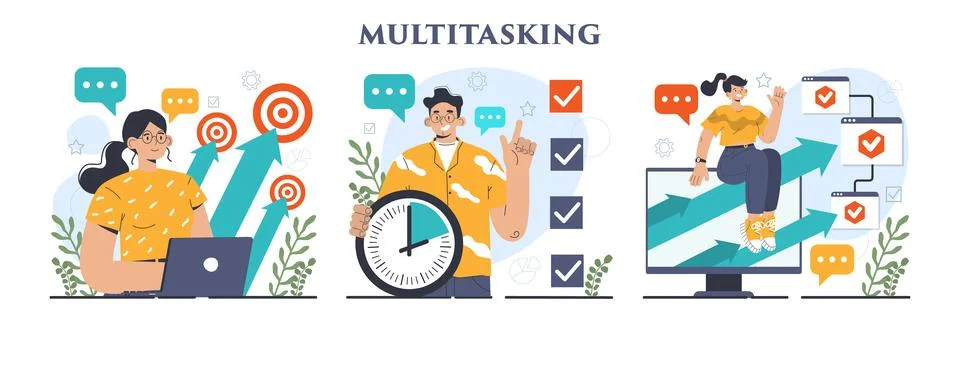 Multitasking concept set. Effective and competent office worker managing 스톡 일러스트