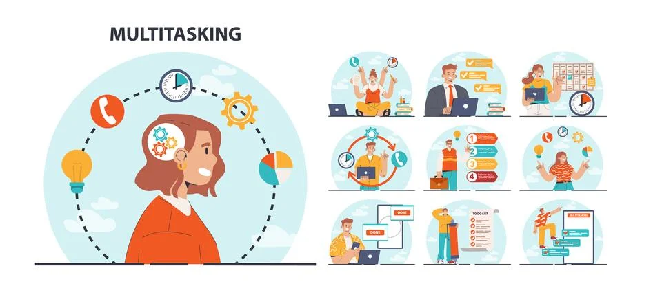 Multitasking concept set. Effective and competent office worker managing Illustrazione stock