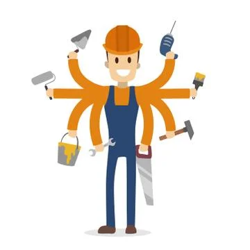 Multitasking construction worker. Stock Illustration
