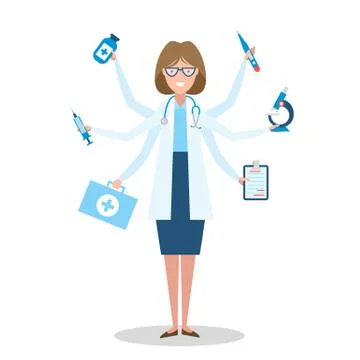 Multitasking doctor standing on white. Stockillustratie
