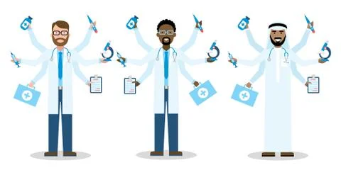 Multitasking doctors on white. Illustrazione stock