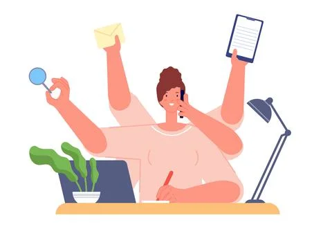 Multitasking girl work. Isolated workload woman, manager many tasks. Successful Stock Illustration