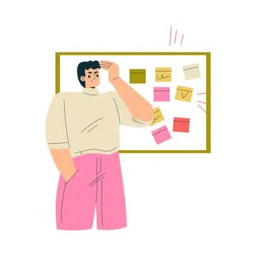 Multitasking Man Character Doing Multiple Task Look at Board with Sticker Vector Stock Illustration