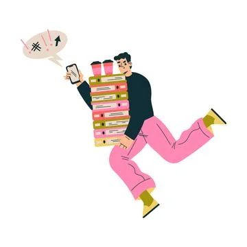 Multitasking Man Character Doing Multiple Task Carry Pile of Folder with Coffee Stock Illustration