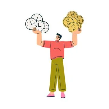 Multitasking Man Character Doing Multiple Task Hold Clock and Dollar Coin Vector Illustrazione stock