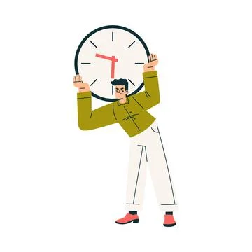 Multitasking Man Character Doing Multiple Task Carry Clock on His Back Vector Stock Illustration