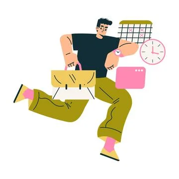 Multitasking Man Character Hurry Up Doing Multiple Task Vector Illustration 스톡 일러스트