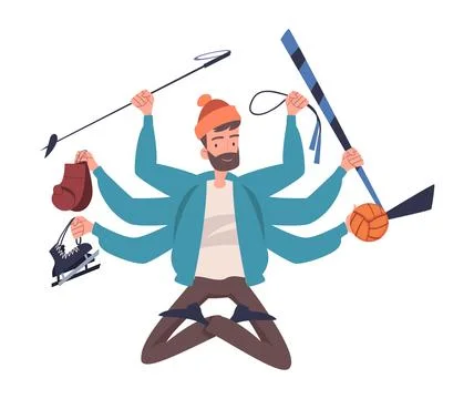 Multitasking Man Character with Many Hands Do Sport Vector Illustration Illustrazione stock