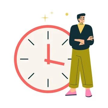 Multitasking Man Character Stand at Clock Dial Vector Illustration Illustrazione stock