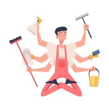 Multitasking Man Cleaner Character with Many Hands Vector Illustration Illustrazione stock