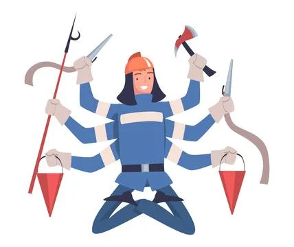 Multitasking Man Firefighter Character with Many Hands Vector Illustration Illustrazione stock