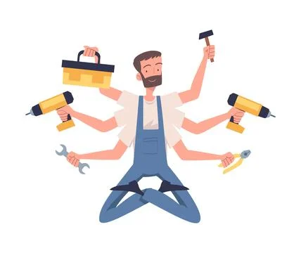 Multitasking Man Handyman Character with Many Hands Vector Illustration Illustrazione stock