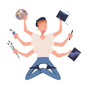 Multitasking Man Painter Character with Many Hands Vector Illustration Illustrazione stock
