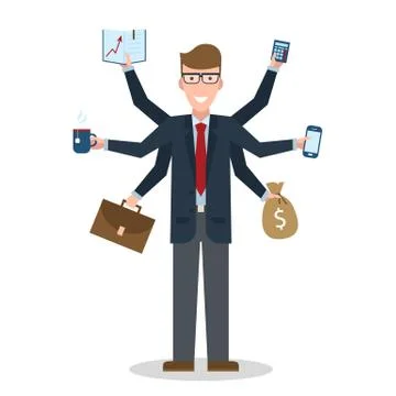 Multitasking man standing on white. 스톡 일러스트