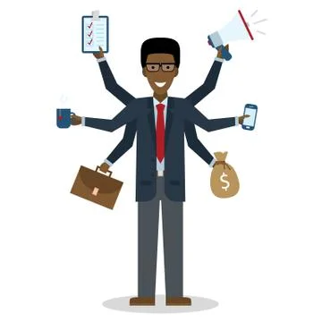 Multitasking man standing on white. Illustrazione stock