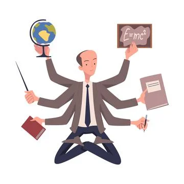 Multitasking Man Teacher Character with Many Hands Vector Illustration Illustrazione stock