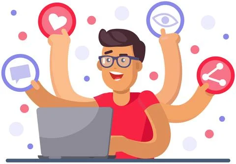 Multitasking man using global connection system. Guy with many hands coping with Stockillustratie