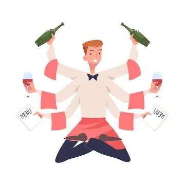 Multitasking Man Waiter Character with Many Hands Vector Illustration Stock Illustration